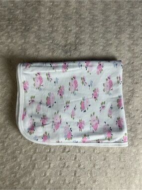 Luvable Friends Pink Floral Baby Blanket White Blue Thin Jersey Knit Stretch